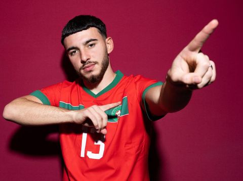 DOHA, QATAR - NOVEMBER 15: Ilias Chair of Morocco poses during the official FIFA World Cup Qatar 2022 portrait session on November 15, 2022 in Doha, Qatar. (Photo by Oliver Hardt - FIFA/FIFA via Getty Images)