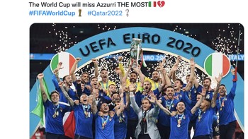 Secara mengejutkan, Italia yang notabene sebagai juara Euro 2020 malah gagal lolos ke Piala Dunia 2022 yang digelar di Qatar. Fans ini pun menilai Piala Dunia tanpa Italia itu hambar. Foto: Twitter