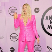 Atensi teralihkan seketika pada Meghan Trainor. Pelantun All About That Bass itu memakai setelan pink mencolok dengan belahan dada rendah. (Foto: Getty Images for dcp/Amy Sussman)