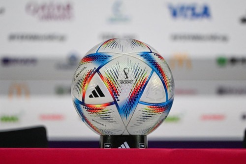 Qatars 2022 World Cup official ball al Rihla is seen ahead of a press conference at the Qatar National Convention Center (QNCC) in Doha on November 20, 2022, on the eve of the Qatar 2022 World Cup football match between Senegal and Netherlands. (Photo by OZAN KOSE / AFP) (Photo by OZAN KOSE/AFP via Getty Images)