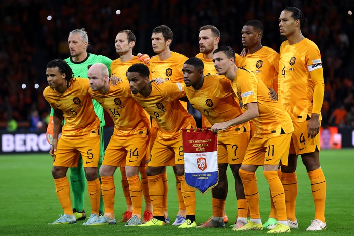 AMSTERDAM, NETHERLANDS - SEPTEMBER 25: The team of Netherlands line up during the UEFA Nations League League A Group 4 match between Netherlands and Belgium at Johan Cruijff ArenAon September 25, 2022 in Amsterdam, Netherlands. (Photo by Dean Mouhtaropoulos/Getty Images)