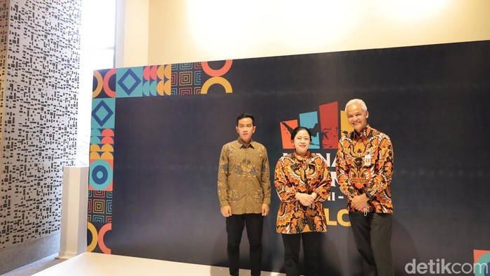 Wali Kota Solo Gibran rakabuming Raka, Ketua DPR RI Puan Maharani dan Gubernur Jawa Tengah Ganjar Pranowo saat Munas HIPMI di Hotel Alila Solo, Senin (21/11/2022).