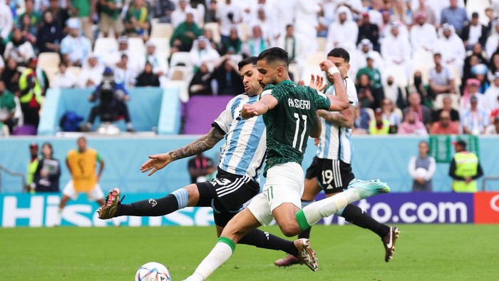 LUSAIL CITY, QATAR - NOVEMBER 22: Saleh Al-Shehri of Saudia Arabia scores his sides first goal during the FIFA World Cup Qatar 2022 Group C match between Argentina and Saudi Arabia at Lusail Stadium on November 22, 2022 in Lusail City, Qatar. (Photo by Alex Livesey - Danehouse/Getty Images)