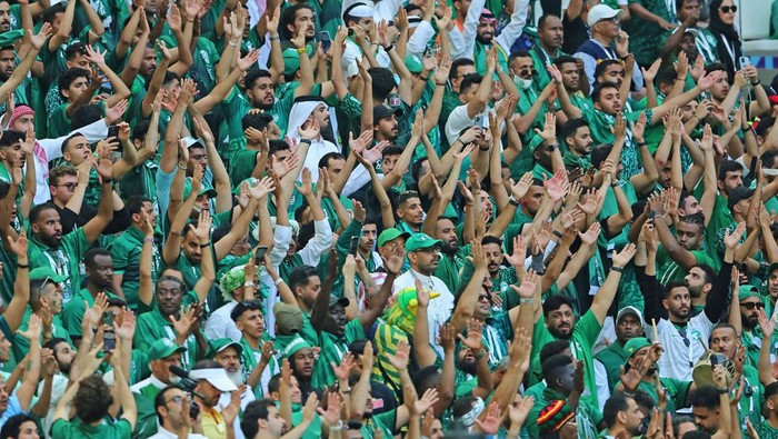 LUSAIL CITY, QATAR - NOVEMBER 22: Saudia Arabia supporters having fun during the FIFA World Cup Qatar 2022 Group C match between Argentina and Saudi Arabia at Lusail Stadium on November 22, 2022 in Lusail City, Qatar. (Photo by Heuler Andrey/Eurasia Sport Images/Getty Images)