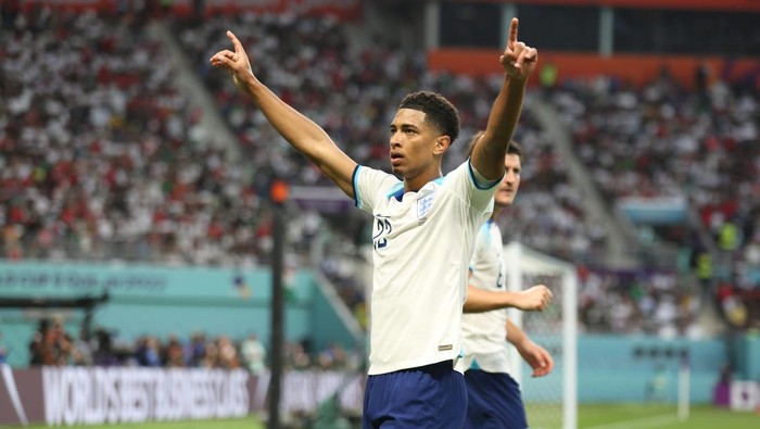 DOHA, QATAR - NOVEMBER 21: Jude Bellingham of England celebrates during the FIFA World Cup Qatar 2022 Group B match between England and Iran at Khalifa International Stadium on November 21, 2022 in Doha, Qatar. (Photo by Maryam Majd ATPImages/Getty images)
