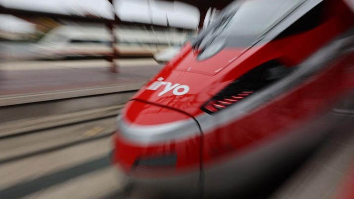 Low-cost train's Iryo is pictured on the day its inaugural trip at the Chamartin train station in Madrid on November 21, 2022. - Private high-speed train operator Iryo, which is 45 percent owned by Italy's Trenitalia, makes on November 21 a symbolic inaugural trip in Spain, four days before it starts its passenger service between Madrid and Barcelona. (Photo by Pierre-Philippe Marcou / AFP) (Photo by PIERRE-PHILIPPE MARCOU/AFP via Getty Images)