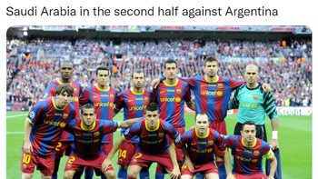Meme Timnas Arab Saudi begitu perkasa seperti Barcelona FC. Argentina pun takluk. Foto: (Twitter)