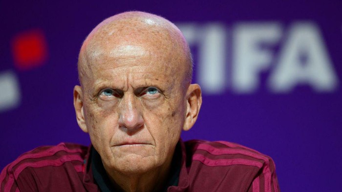 FIFA referees committee chairman Pierluigi Collina looks on during a press conference at the Qatar National Convention Center (QNCC) in Doha on November 18, 2022, ahead of the Qatar 2022 World Cup football tournament. (Photo by Anne-Christine POUJOULAT / AFP) (Photo by ANNE-CHRISTINE POUJOULAT/AFP via Getty Images)