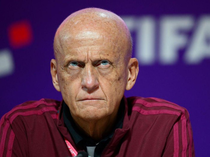 FIFA referees committee chairman Pierluigi Collina looks on during a press conference at the Qatar National Convention Center (QNCC) in Doha on November 18, 2022, ahead of the Qatar 2022 World Cup football tournament. (Photo by Anne-Christine POUJOULAT / AFP) (Photo by ANNE-CHRISTINE POUJOULAT/AFP via Getty Images)