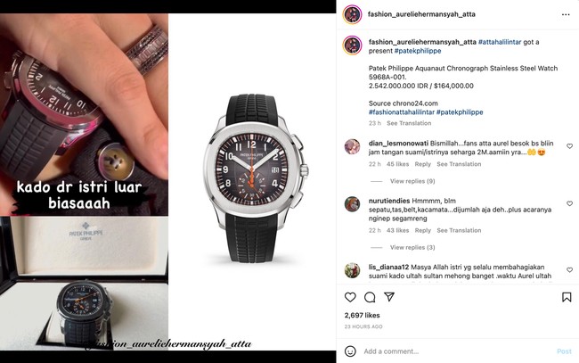 Sebelumnya Aurel sendiri terlihat sudah memberikan hadiah untuk suami tercintanya. Jam tangan yang diberikan oleh Aurel pun tak kalah mewah, bahkan harganya mencapai Rp 2,5 miliar. Foto: Instagram/@fashion_aureliehermansyah_atta