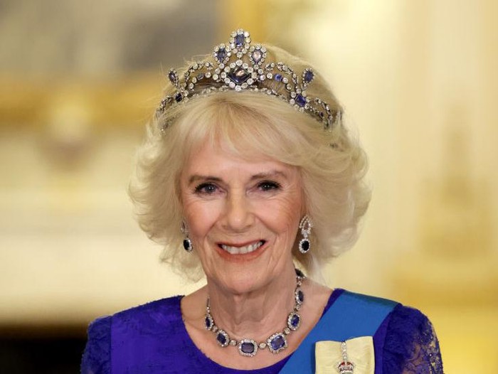 LONDON, ENGLAND - NOVEMBER 22: Camilla, Queen Consort attends the State Banquet in honour of President of South Africa, Cyril Ramaphosa at Buckingham Palace on November 22, 2022 in London, England. This is the first state visit hosted by the UK with King Charles III as monarch, and the first state visit here by a South African leader since 2010. (Photo by Chris Jackson/Getty Images)