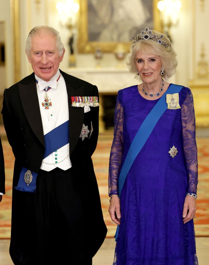 LONDON, ENGLAND - NOVEMBER 22: Camilla, Queen Consort and King Charles III during the State Banquet at Buckingham Palace on November 22, 2022 in London, England. This is the first state visit hosted by the UK with King Charles III as monarch, and the first state visit here by a South African leader since 2010. (Photo by Chris Jackson/Getty Images)