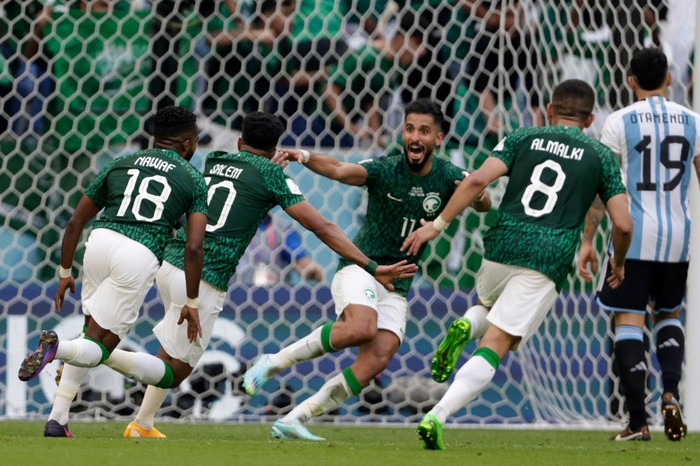 LUSAIL CITY, QATAR - NOVEMBER 22: Saleh Al-Shehri of Saudi Arabia celebrates scoring the equaliser during the FIFA World Cup Qatar 2022 Group C match between Argentina and Saudi Arabia at Lusail Stadium on November 22, 2022 in Lusail City, Qatar. (Photo by Richard Sellers/Getty Images)