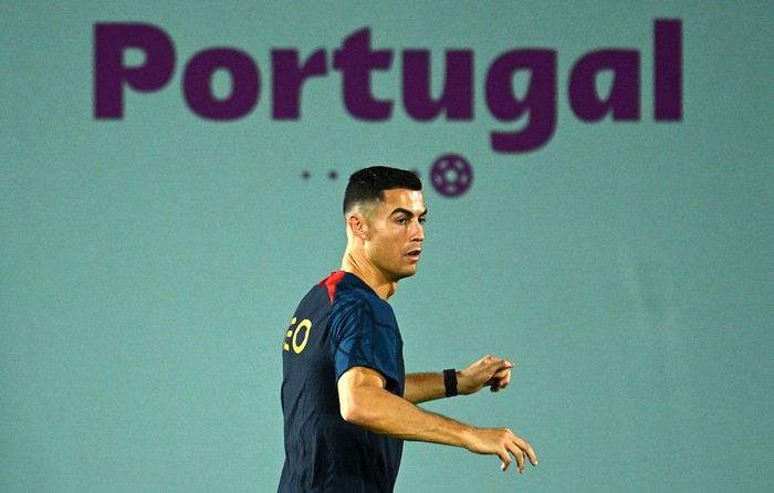 DOHA, QATAR - NOVEMBER 19: Cristiano Ronaldo of Portugal in action  during the Portugal Training Session at  on November 19, 2022 in Doha, Qatar. (Photo by Clive Mason/Getty Images)
