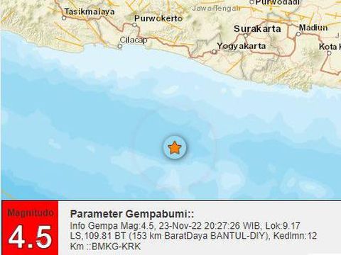 Gempa di perairan Bantul, Rabu (23/11/2022) malam.