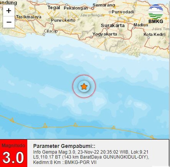 Gempa M 3 di perairan barat daya Kabupaten Gunungkidul, Daerah Istimewa Yogyakarta (DIY), Rabu (23/11/2022) malam.