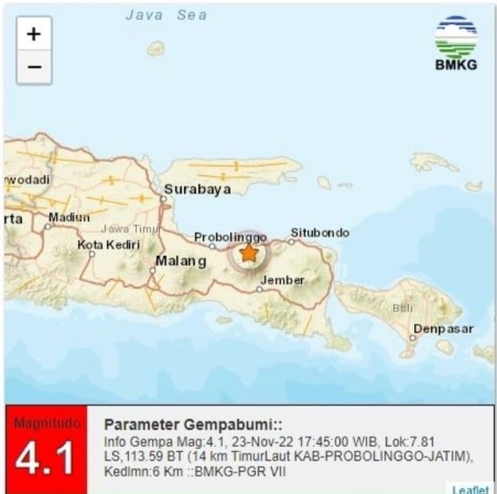 Lokasi gempa Probolinggo Rabu 23 November