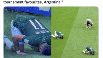 Akun ini menulis Arab Saudi menjadi negara Muslim pertama yang memenangkan laga di Piala Dunia kali ini dengan mengalahkan salah satu tim favorit di turnamen, Argentina. Foto: Twitter