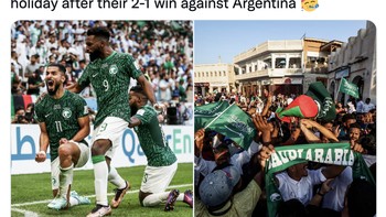Akun ini mengabarkan bahwa Arab Saudi langsung menyatakan libur sehari setelah timnas mengalahkan Argentina. Foto: Twitter