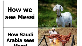 Ternyata bagi Arab Saudi, Lionel Messi yang sering dinilai terbaik sepanjang masa atau Goat (greatest of all time) dianggap seperti ini. Foto: Twitter