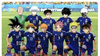 Meme starting line up Jepang yang ternyata diisi Naruto dan karakter hebat lainnya asal Jepang. Foto: Twitter