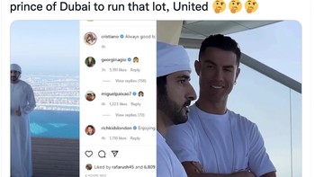 Ronaldo dengan pangeran Arab sedang berbincang. Apakah nanti MU akan jatuh ke tangan warga Arab? Foto: Twitter
