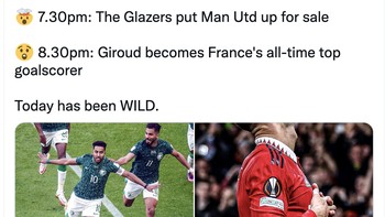 Banyak hal menghebohkan semalam, dari kekalahan Argentina atas Arab Saudi, Ronaldo dan MU berpisah, Glazer menjual MU sampaii Giroud jadi top skor tertinggi untuk timnas Perancis. Foto: Twitter
