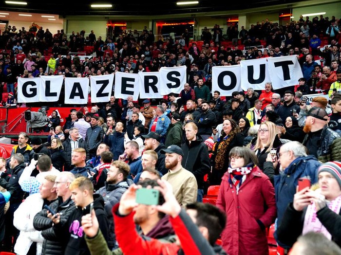 Manchester United fans protest against the Glazer family, ahead of the Premier League match at Old Trafford, Manchester. Picture date: Thursday April 28, 2022. (Photo by Martin Rickett/PA Images via Getty Images)