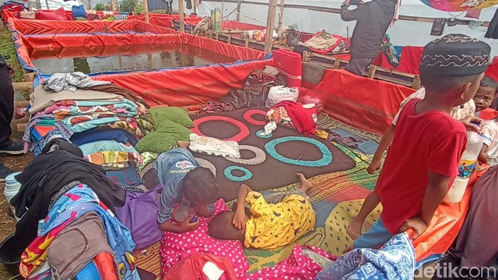 Para pengungsi gempa Cianjur mendirikan tenda darurat mulai di sawah hingga kolam lele.