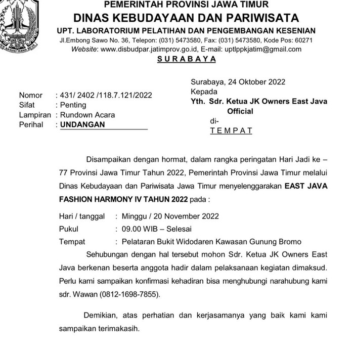 Undangan disbudpar untuk komunitas rubicon