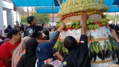 Potret Warga Rebutan Gunungan Hasil Bumi di Indramayu