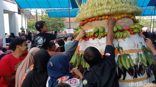 Potret Warga Rebutan Gunungan Hasil Bumi di Indramayu