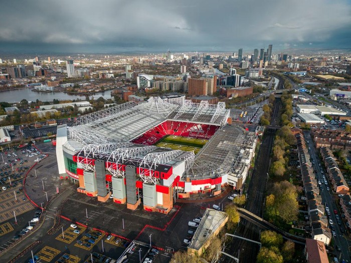 MANCHESTER, ENGLAND - NOVEMBER 23: An aerial view of Old Trafford Stadium, the home of Manchester United Football Club on November 23, 2022 in Manchester, England. Yesterday, the club released a statement indicating that the Glazer family who are majority owners of the club said they will 