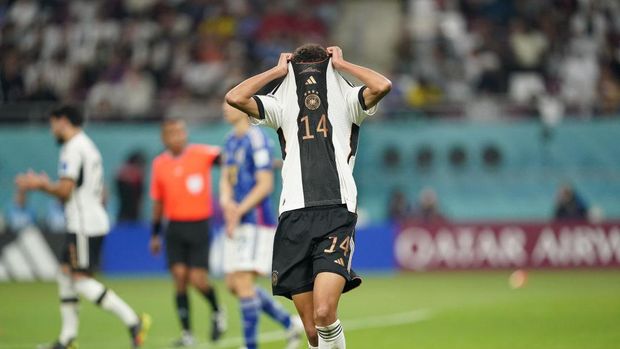 DOHA, QATAR - NOVEMBER 23: Jamal Musiala of Germany in action during the FIFA World Cup Qatar 2022 Group E match between Germany and Japan at Khalifa International Stadium on November 23, 2022 in Doha, Qatar. (Photo by Nader Davoodi ATPImages/Getty Images)