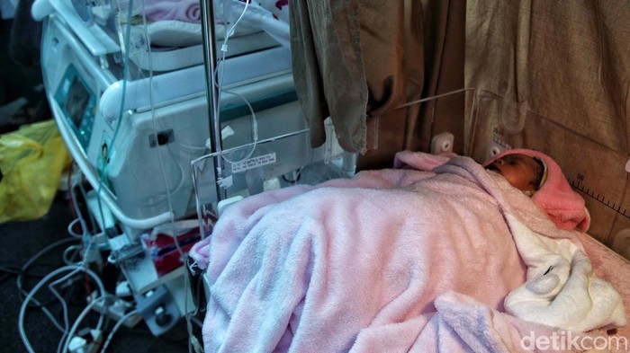 Seorang perawat merawat bayi yang lahir sehari pasca gempa di Cianjur. Perawatan berlangsung di RSUD Sayang Cianjur, Kamis (24/11/2022).