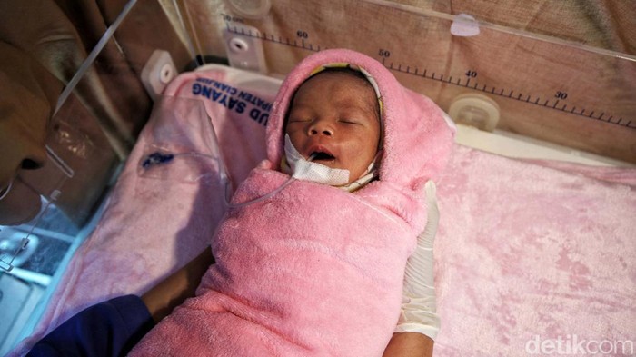 Seorang perawat merawat bayi yang lahir sehari pasca gempa di Cianjur. Perawatan berlangsung di RSUD Sayang Cianjur, Kamis (24/11/2022).
