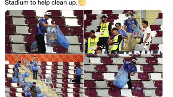 Akun ini menyebut fans Jepang sungguh yang terbaik, mereka mengalahkan Jerman tapi tetap di stadion untuk membantu bersih-bersih sebelum merayakannya. Foto: Twitter