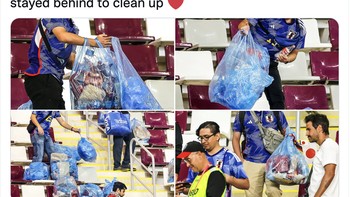 Bahkan setelah kemenangan terkenal mereka di Piala Dunia, fans Jepang tetap tinggal untuk bersih-bersih sebelum merayakannya. Foto: Twitter