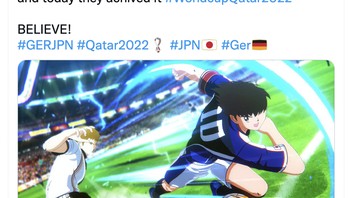 Dulu sewaktu Kapten Tsubasa pertama kali dibuat tahun 1980-an, ceritanya masih pesimis di mana Jepang belum pernah ke Piala Dunia. Lambat laun, Jepang digambarkan makin kuat hingga mampu mengalahkan Jerman. Kini, kisah itu sudah menjadi kenyataan. Foto: Twitter