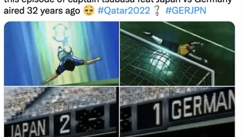 Dalam salah satu episode Kapten Tsubasa yang ditayangkan sekitar 32 tahun lalu, Jepang juga diceritakan menang 2-1 atas Jerman setelah sempat ketinggalan 0-1. Jadi memang mirip dengan kemenangan Jepang atas Jerman di Piala Dunia 2022. Foto: Twitter