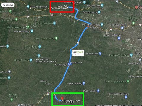 Peta TKP kecelakaan Alphard Maut di Tol Semarang-Solo Km 490, Boyolali, menuju wilayah Kecamatan Ceper, Klaten, diakses dari Google Maps pada Kamis (24/11/2022) siang.