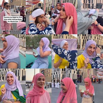 Video para penonton dan wisatawan pertama kali mencoba pakai hijab saat mengunjungi Qatar untuk Piala Dunia.