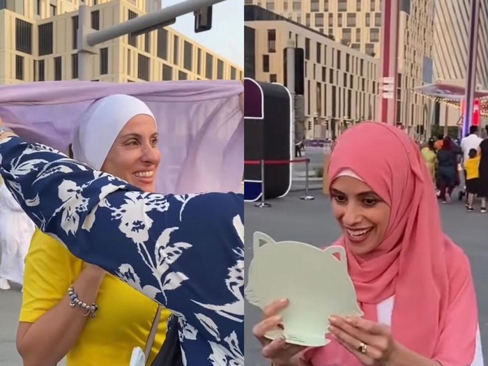 Video para penonton dan wisatawan pertama kali mencoba pakai hijab saat mengunjungi Qatar untuk Piala Dunia.