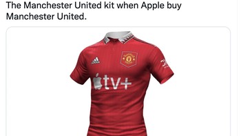 Mungkin akan seperti ini desain jersey MU nanti andai benar-benar dibeli oleh Apple. Foto: Twitter