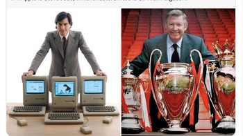 Apple dan MU disebut sebagai perpaduan yang cocok. Pendiri Apple Steve Jobs dan pelatih legendaris MU Alex Ferguson, sama-sama mendulang banyak prestasi besar. Foto: Twitter