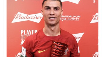 Selain mencetak gol, semalam Ronaldo semalam juga Man of The Match. Sudah 7 kali dia jadi Man of the Match di Piala Dunia. Foto: Twitter