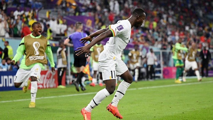 DOHA, QATAR - NOVEMBER 24: Osman Bukari of Ghana celebrates after scoring their teams second goal during the FIFA World Cup Qatar 2022 Group H match between Portugal and Ghana at Stadium 974 on November 24, 2022 in Doha, Qatar. (Photo by Matthias Hangst/Getty Images)