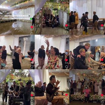 Acara pernikahan viral pengantin menggunakan gerobak saat menuju lokasi pernikahan. Keluarga, vendor pernikahan dan tamu undangan pun tetap menyambut suka cita acara meskipun masih terggenang air banjir.