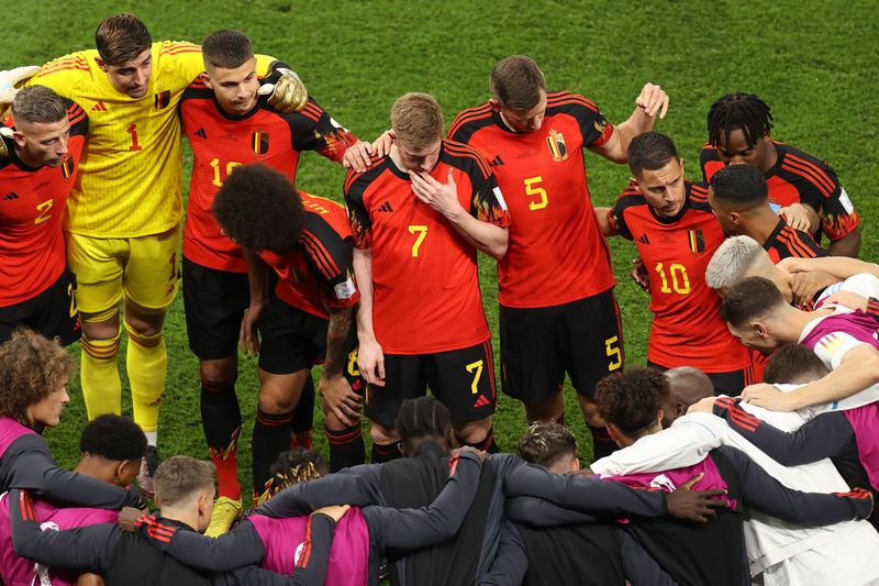 DOHA, QATAR - NOVEMBER 22: Eden Hazard of Belgium joins the Belgium team huddle during the FIFA World Cup Qatar 2022 Group C match between Mexico and Poland at Stadium 974 on November 22, 2022 in Doha, Qatar. (Photo by Charlotte Wilson/Offside/Offside via Getty Images)