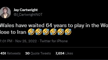 Katanya Wales menunggu lama untuk kalah dari Iran di Piala Dunia. Foto: (Twitter).